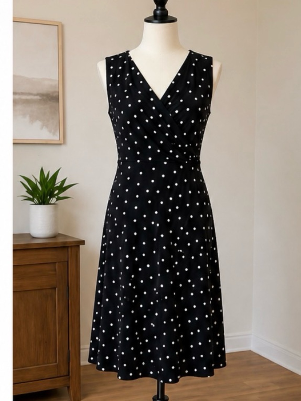 Wedding Guest Dress Ralph Lauren Black + White Polka Dots - size 16 - EUC